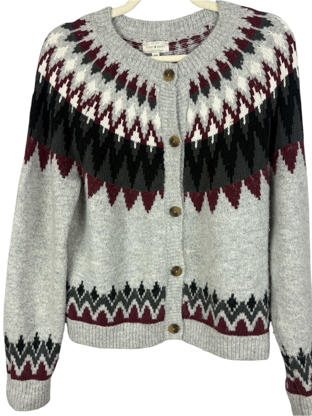 Lucky Brand Wool Blend Fair Isle Button Front Cardigan Sweater Grey Burgundy M